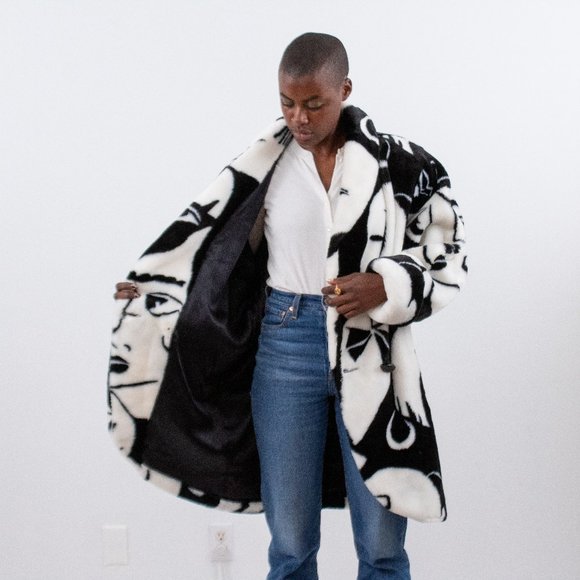 Vintage 80s L Faux Fur Faces Print Wrap Midi Coat - Picture 5 of 16
